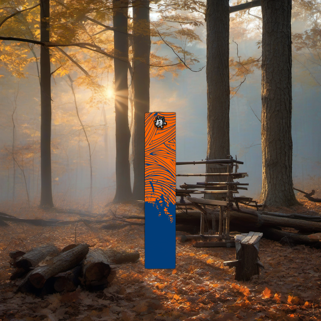 Comic Pop Arrow Wrap on a wooden treestand overlooking a misty Midwest dawn forest. | titlex-scene-whitetail-treestand
