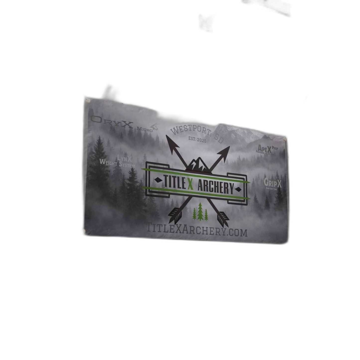TitleX Archery vinyl banner featuring forest graphics and branding in black, white, and green. | titlex-cutout