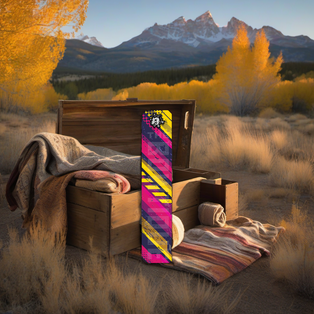Comic Pop Arrow Wrap on weathered wood, set against golden aspens and distant mountains at sunset. | titlex-scene-western-elk