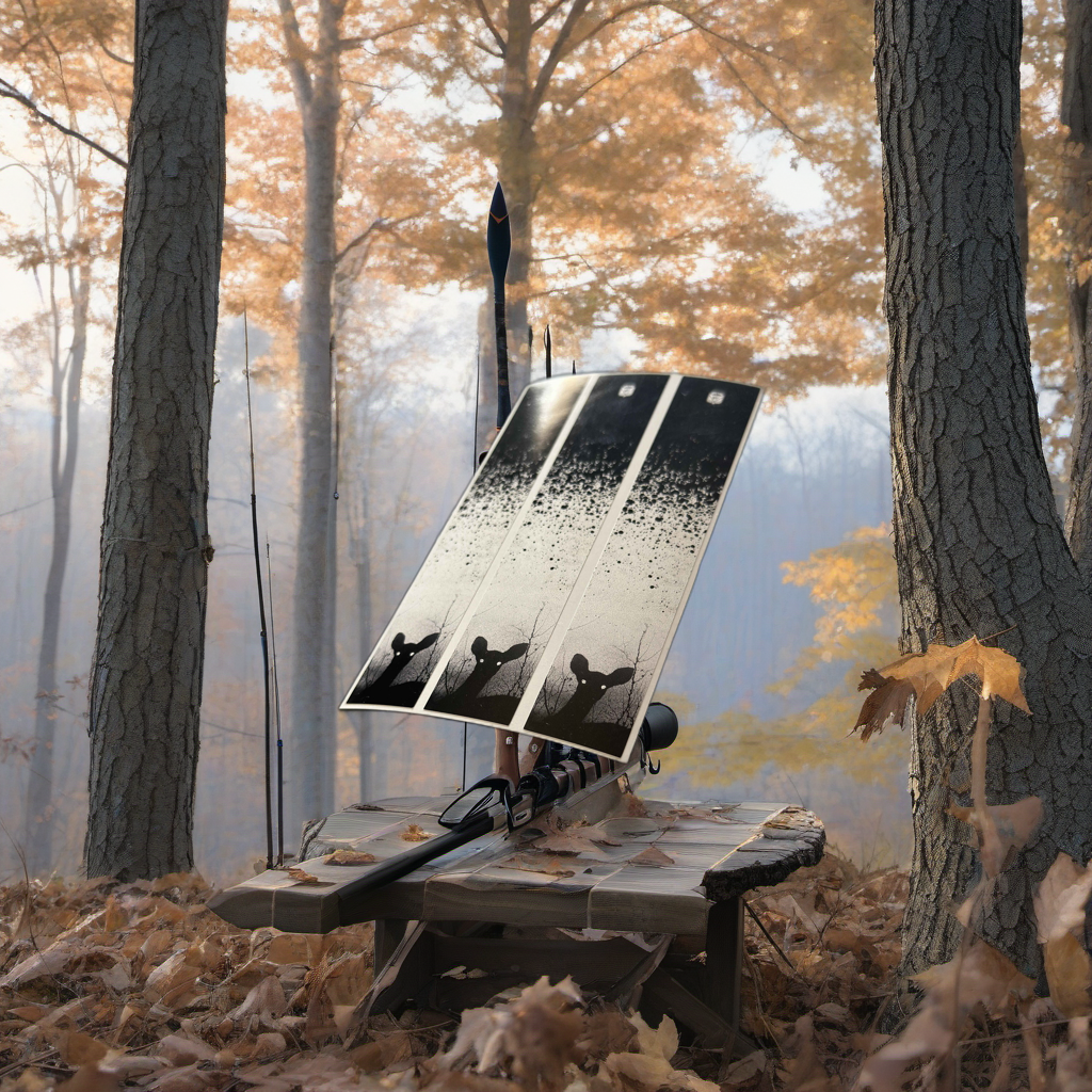 Doe Patrol Arrow Wraps on a wooden treestand overlooking a misty, dawn-lit hardwood forest. | titlex-scene-whitetail-treestand