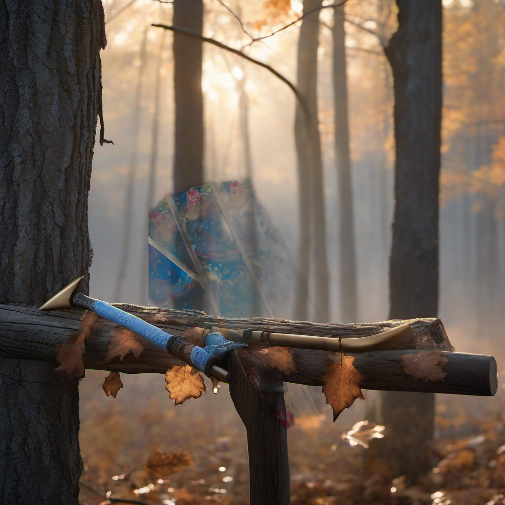 Bubble Arrow Wraps on a wooden treestand overlooking a misty Midwest dawn forest. | titlex-scene-whitetail-treestand