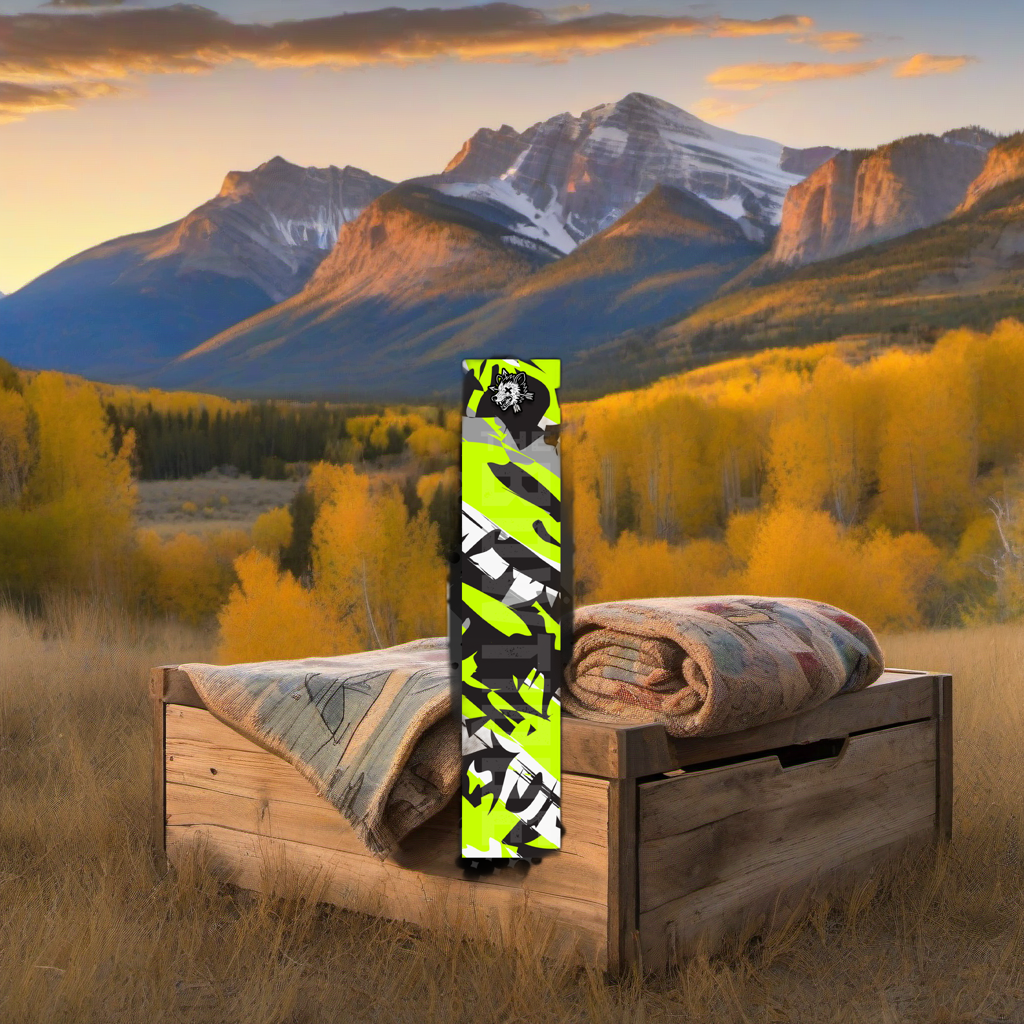 Comic Pop Arrow Wrap on weathered wood in a golden aspen, mountain sunset elk hunting scene. | titlex-scene-western-elk