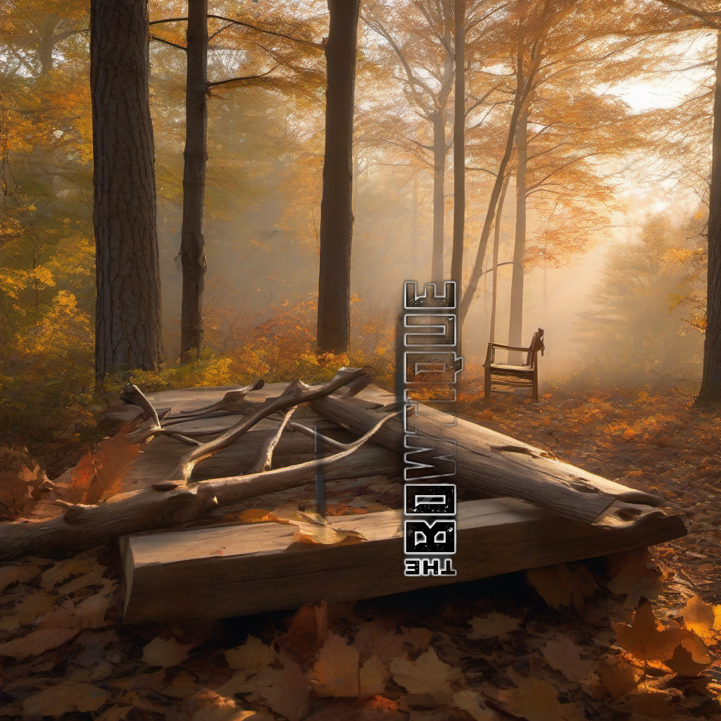 Comic Pop Arrow Wrap on a weathered treestand overlooking a misty, autumnal hardwood forest at dawn. | titlex-scene-whitetail-treestand