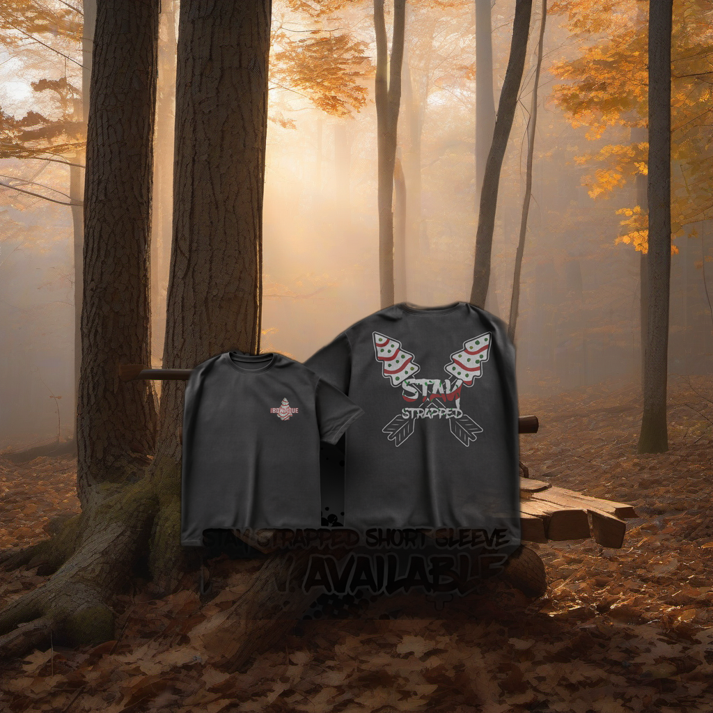 Stay Strapped short sleeve on a worn treestand overlooking a misty Midwest dawn forest. | titlex-scene-whitetail-treestand