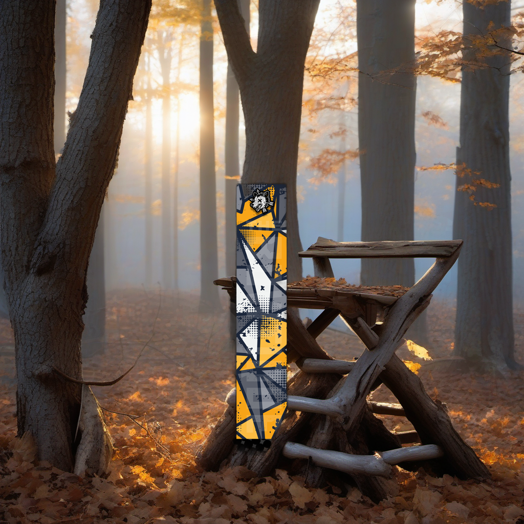 Comic Pop Arrow Wrap on a wooden treestand overlooking a misty, dawn-lit hardwood forest ridge. | titlex-scene-whitetail-treestand