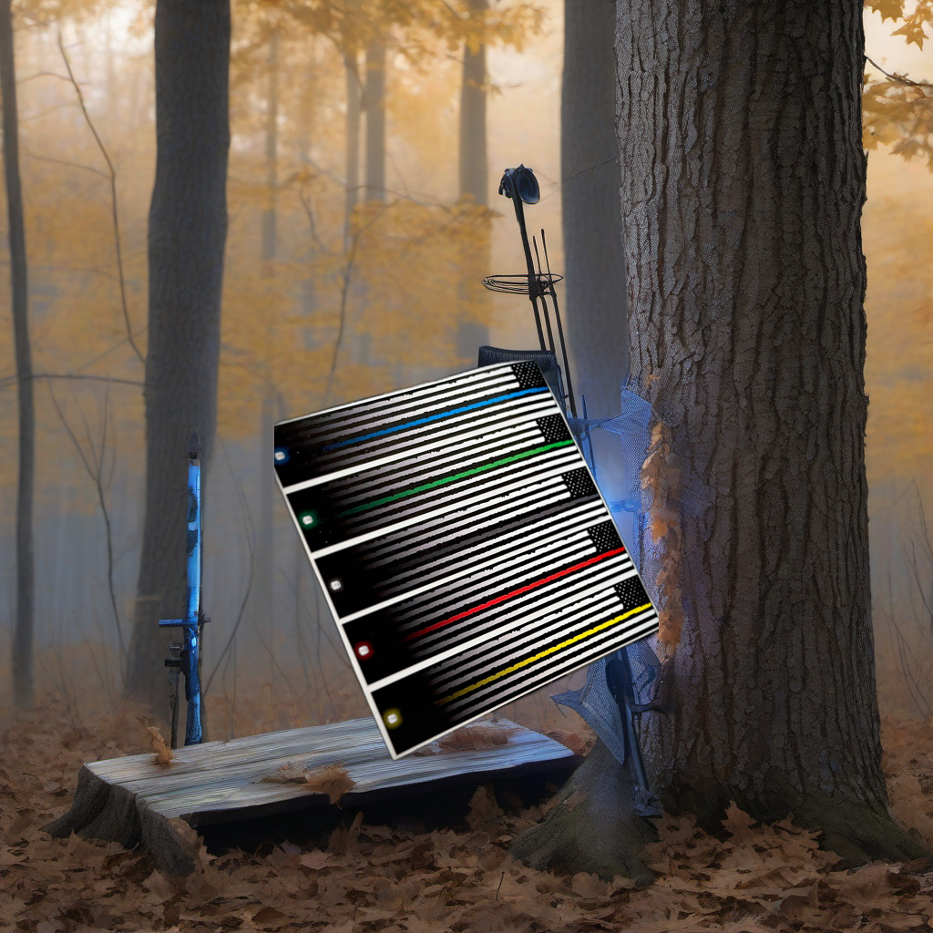 Arrow wraps on a wooden treestand overlooking a misty Midwest forest at dawn. | titlex-scene-whitetail-treestand