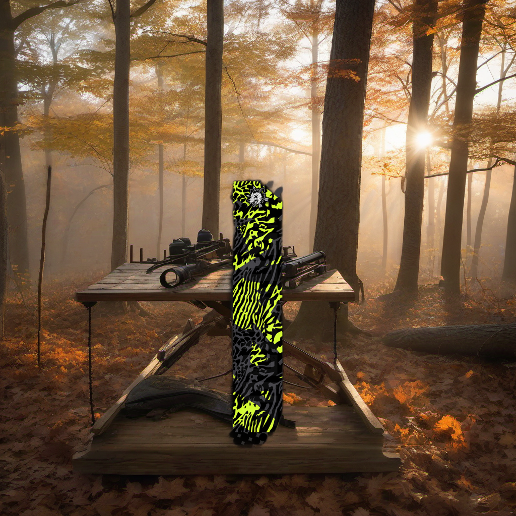 Comic Pop Arrow Wrap on a weathered treestand overlooking a misty, autumnal hardwood forest at dawn. | titlex-scene-whitetail-treestand