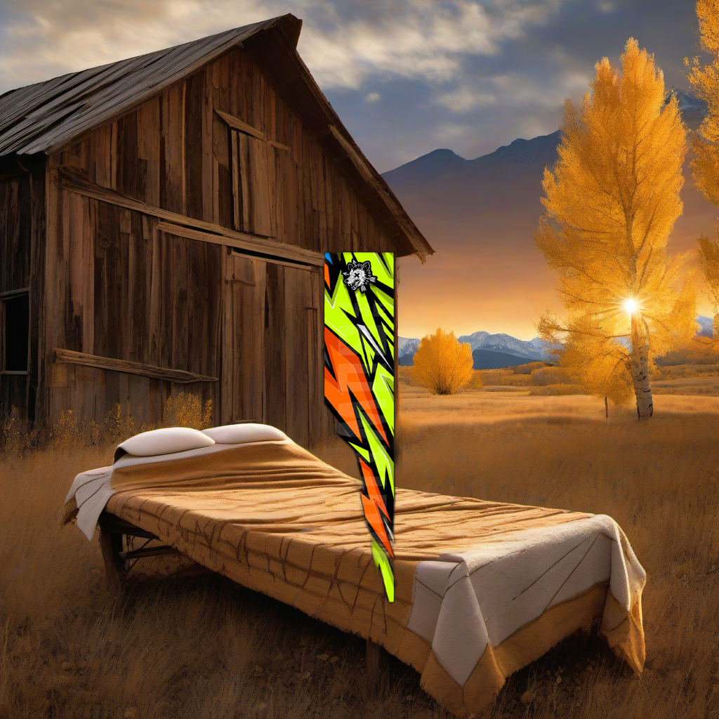 Comic Pop Arrow Wrap on weathered wood, set against golden aspens and distant mountains at sunset. | titlex-scene-western-elk