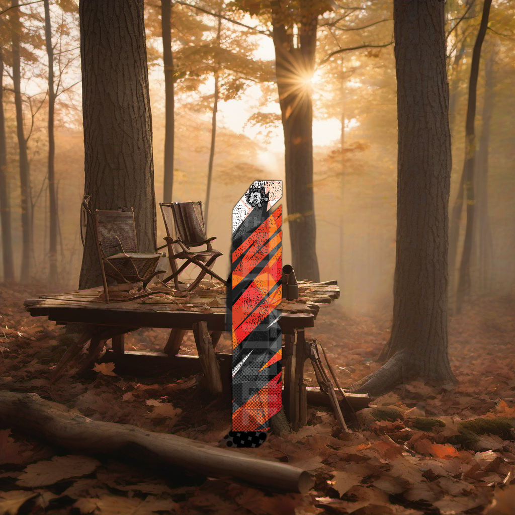 Comic Pop Arrow Wrap on a wooden treestand overlooking a misty, dawn-lit hardwood hunting ridge. | titlex-scene-whitetail-treestand