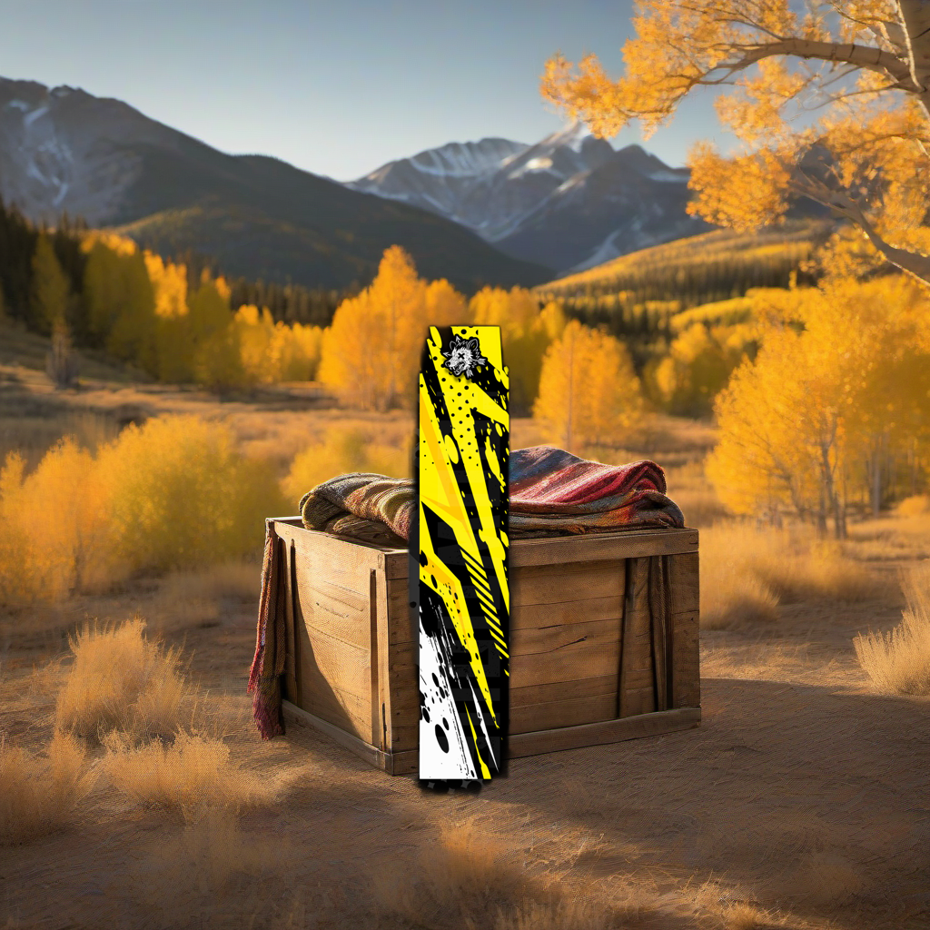 Comic Pop Arrow Wrap on weathered wood, set against golden aspens and mountain sunset. | titlex-scene-western-elk