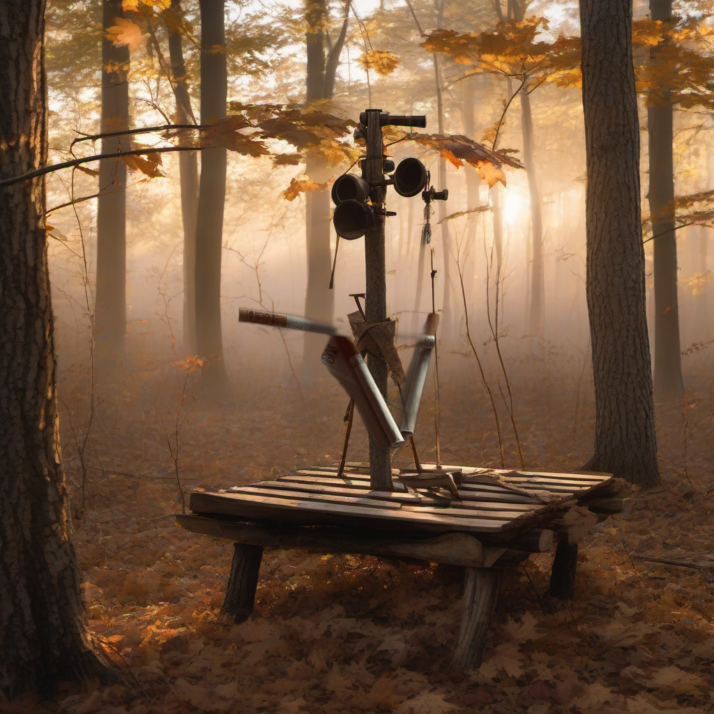Smoked Arrow Wraps on a wooden treestand overlooking a misty, dawn hardwood forest. | titlex-scene-whitetail-treestand