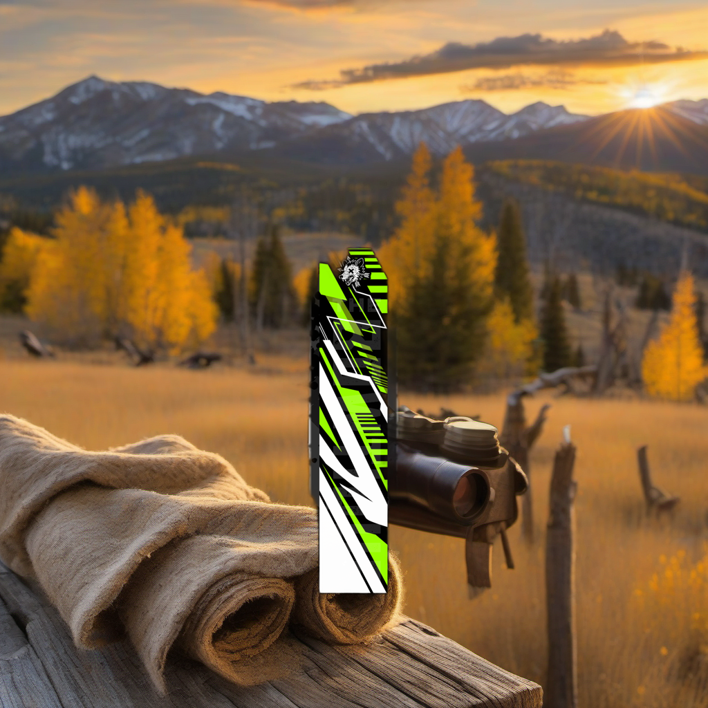 Comic Pop Arrow Wrap on weathered wood, set against golden aspens and distant mountains at sunset. | titlex-scene-western-elk