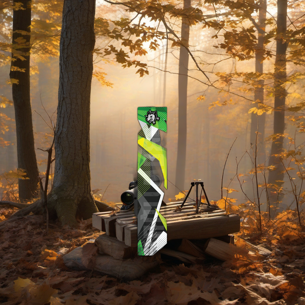Comic Pop Arrow Wrap on a weathered treestand overlooking a misty hardwood forest at dawn. | titlex-scene-whitetail-treestand