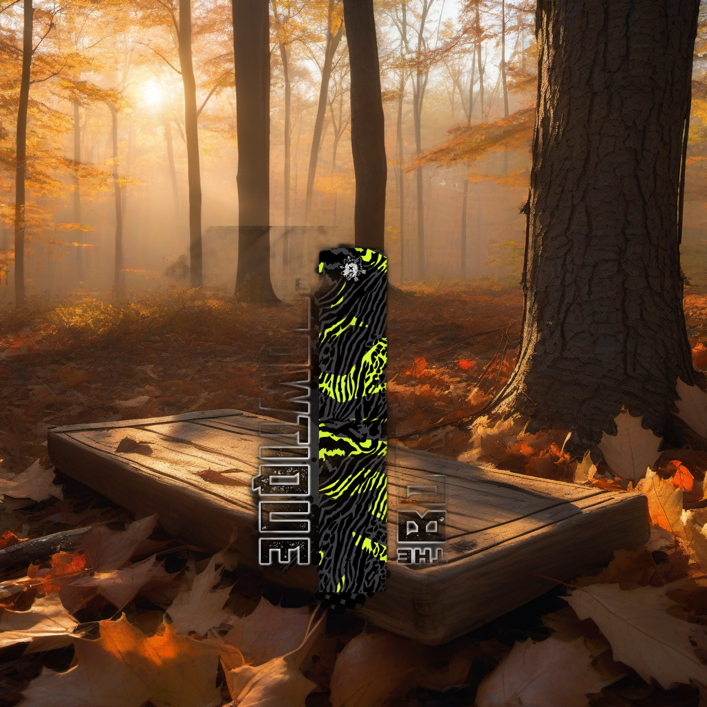 Comic Pop Arrow Wrap on a wooden treestand overlooking a misty, dawn-lit hardwood forest. | titlex-scene-whitetail-treestand