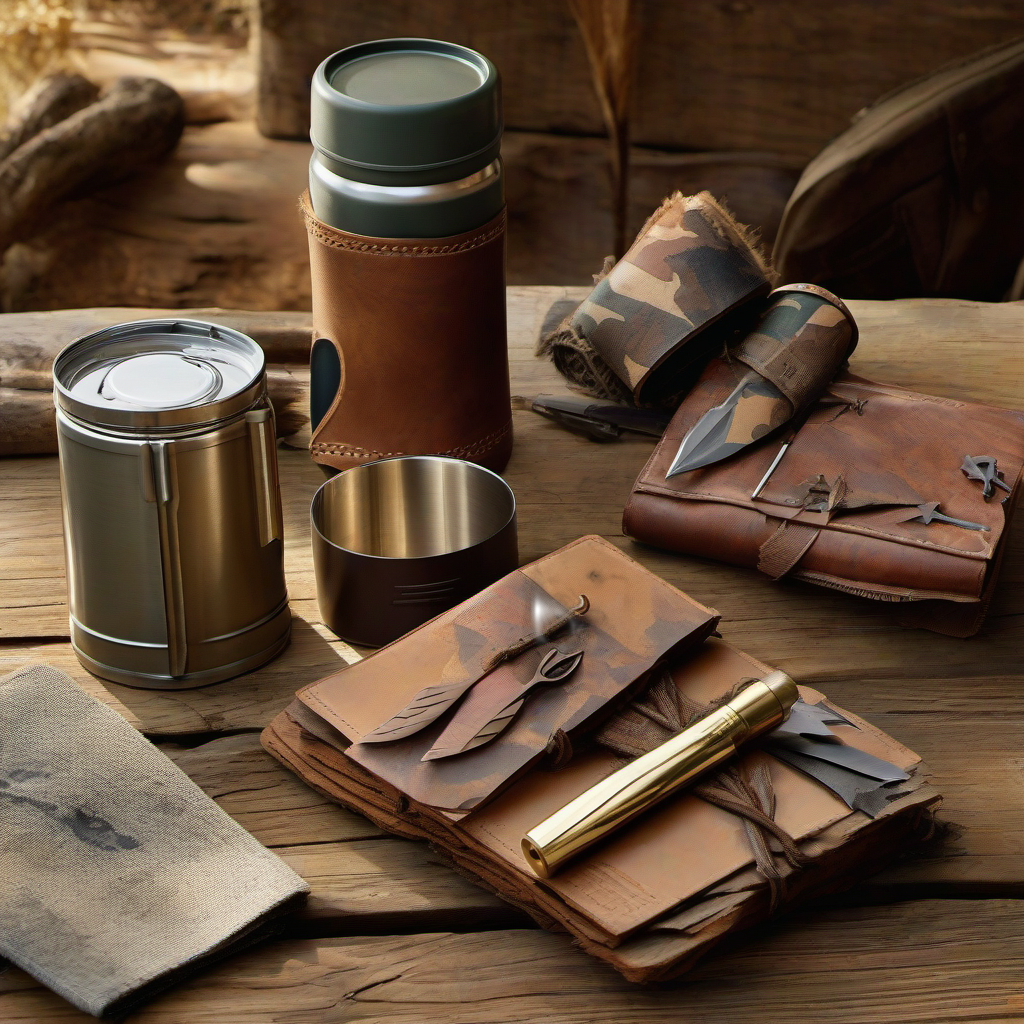 Camouflage gear set on rustic wood for a Father's Day gift, evoking a warm outdoor camp feel. | titlex-scene-fathers-day