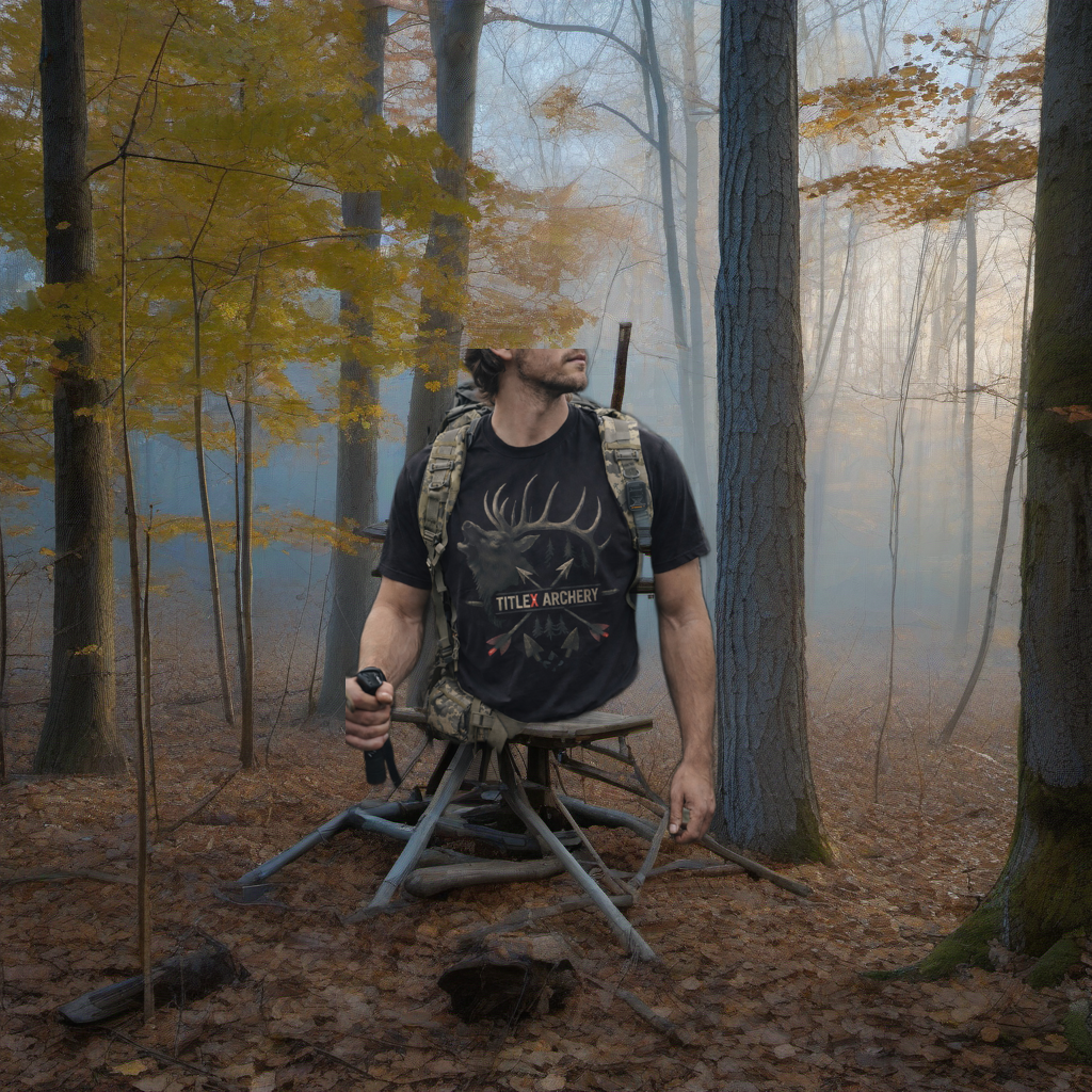 Bull Elk TitleX Archery Swag T-Shirt lifestyle product photo | titlex-scene-whitetail-treestand