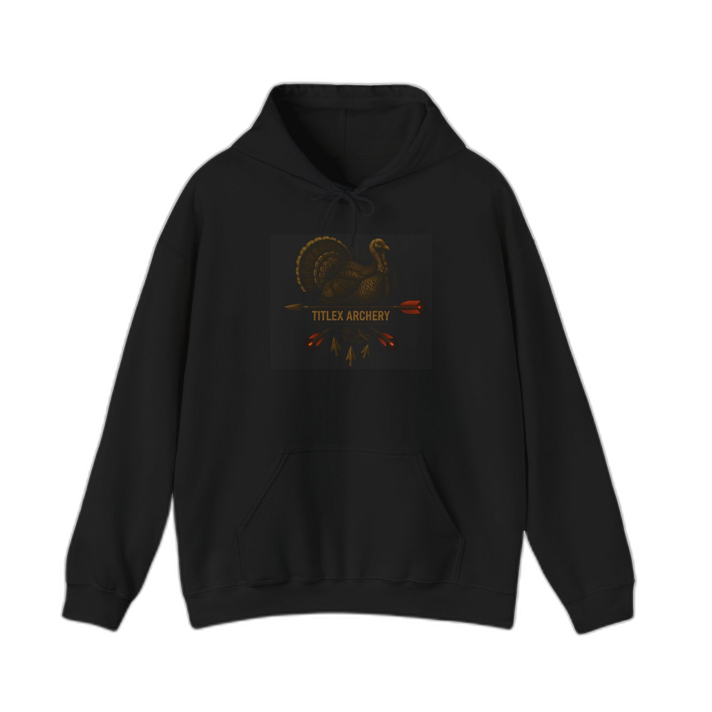 Black hoodie featuring a gold and brown turkey graphic with "TITLEX ARCHERY" text. | titlex-cutout
