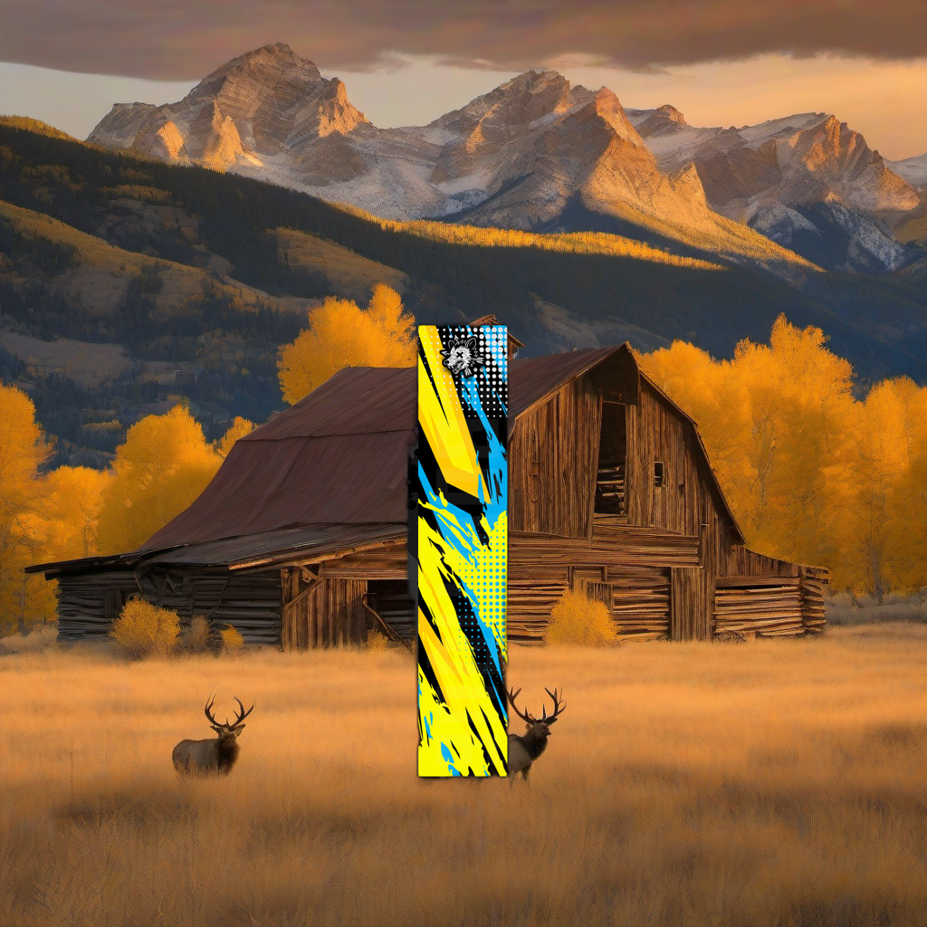 Comic Pop Arrow Wrap on weathered wood in a high-country elk hunting scene at sunset. | titlex-scene-western-elk