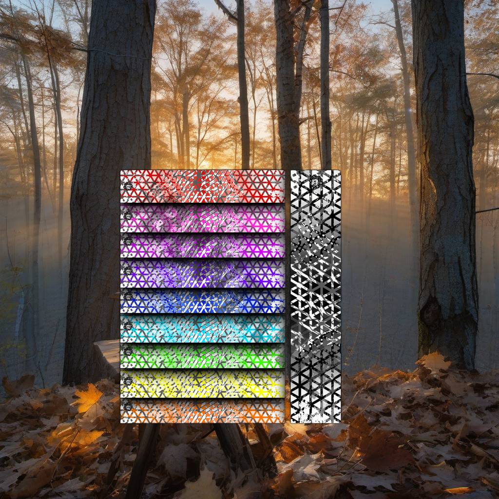 PRISM BREAK arrow wraps on a wooden treestand overlooking a misty Midwest dawn forest. | titlex-scene-whitetail-treestand