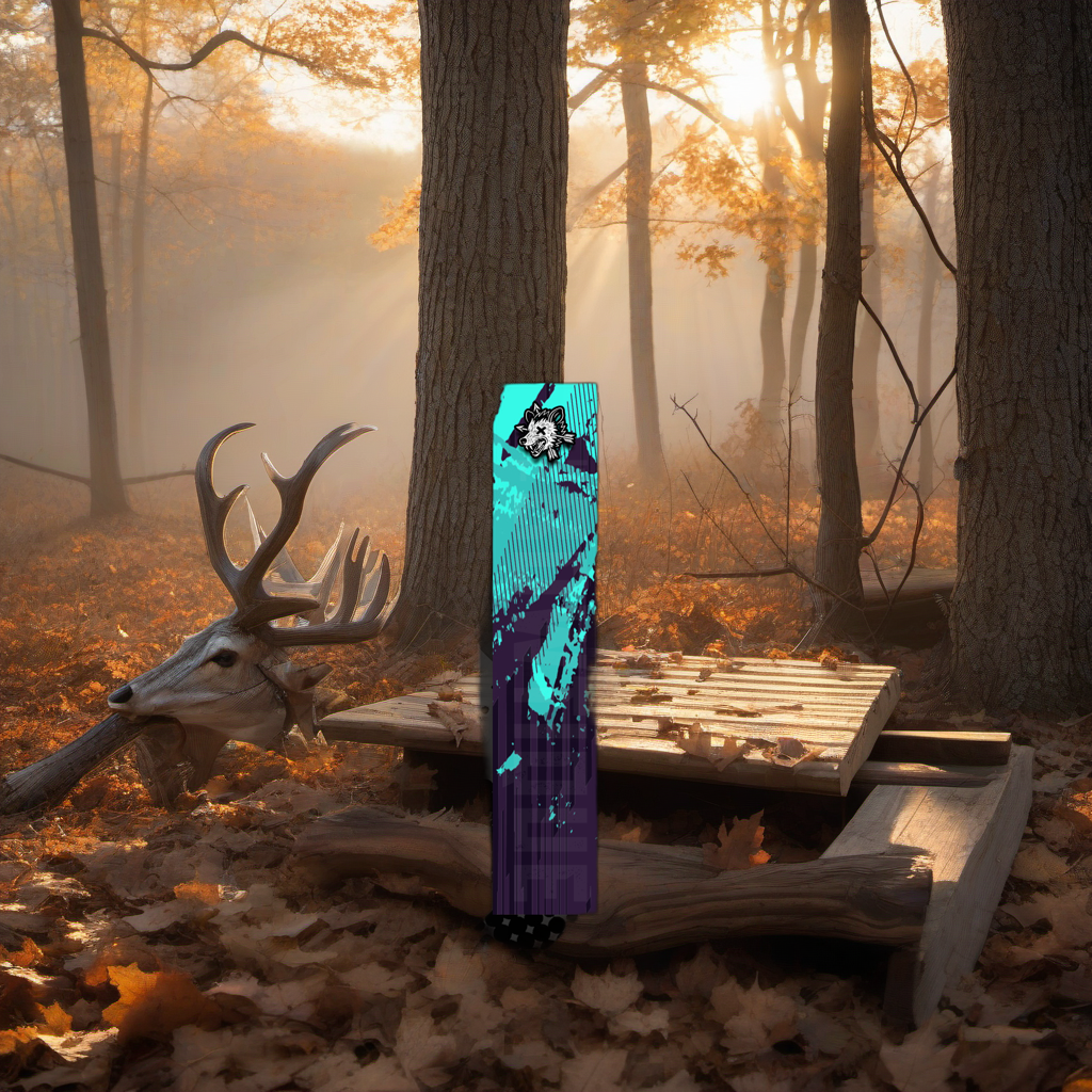 Comic Pop Arrow Wrap on a wooden treestand overlooking a misty Midwest dawn forest. | titlex-scene-whitetail-treestand