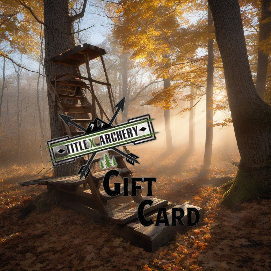 Gift card on worn treestand overlooking misty hardwood timber at dawn, ready for a whitetail hunt. | titlex-scene-whitetail-treestand