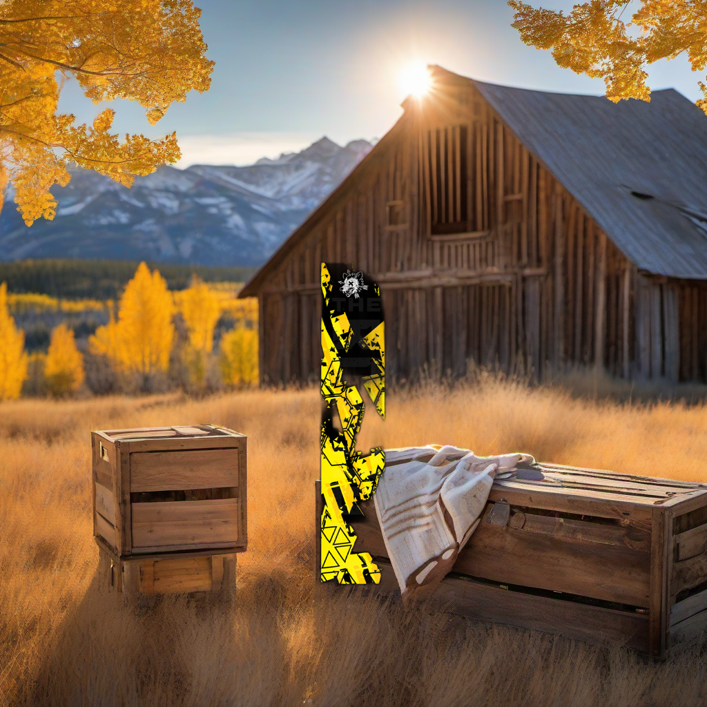 Comic Pop Arrow Wrap on weathered wood in a golden aspen mountain sunset, evoking a western elk hunt feel. | titlex-scene-western-elk