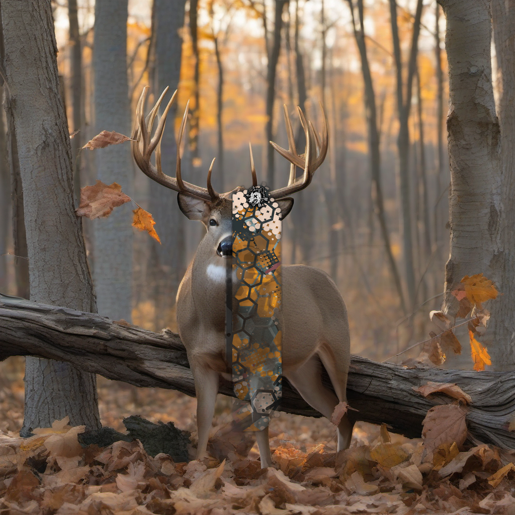 Comic Pop Arrow Wrap on a wooden treestand overlooking a misty, dawn-lit hardwood timber ridge. | titlex-scene-whitetail-treestand