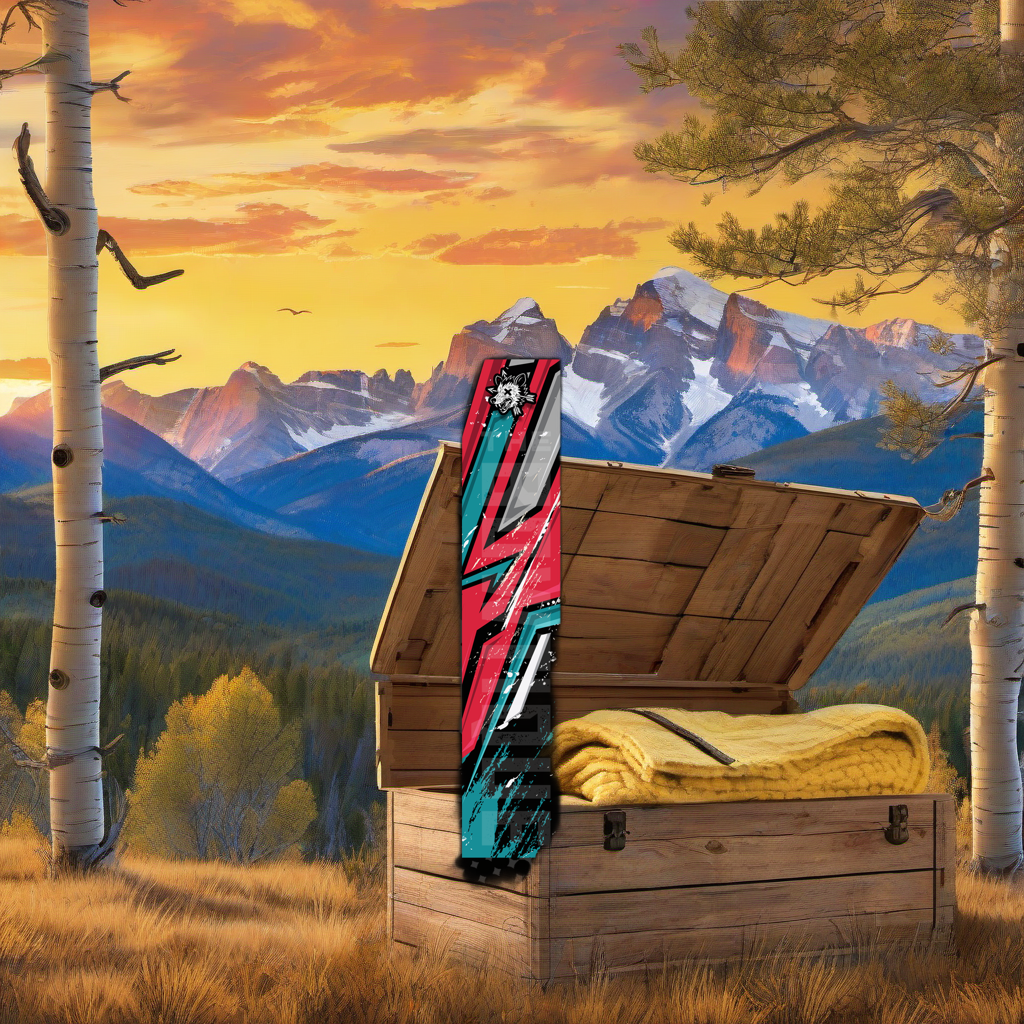 Comic Pop Arrow Wrap on weathered wood, set against golden aspens and mountain sunset. | titlex-scene-western-elk