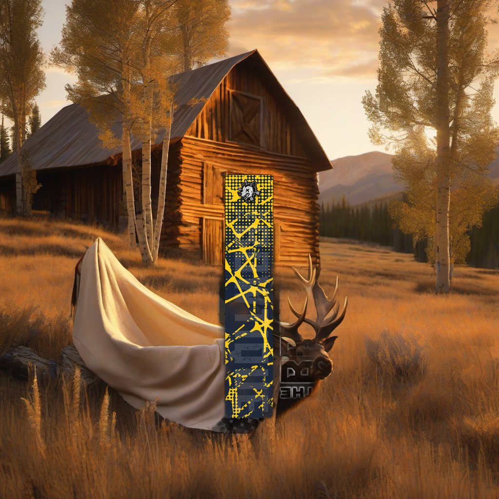 Comic Pop Arrow Wrap on weathered wood in a golden aspen sunset, evoking a western elk hunting feel. | titlex-scene-western-elk
