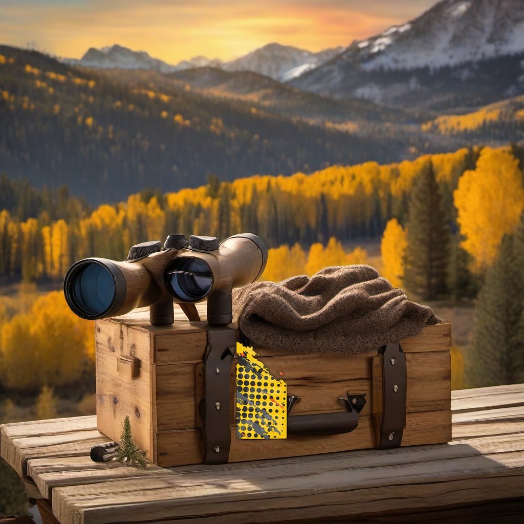 Comic Pop Arrow Wrap on weathered wood in a golden aspen, mountain sunset elk hunting scene. | titlex-scene-western-elk