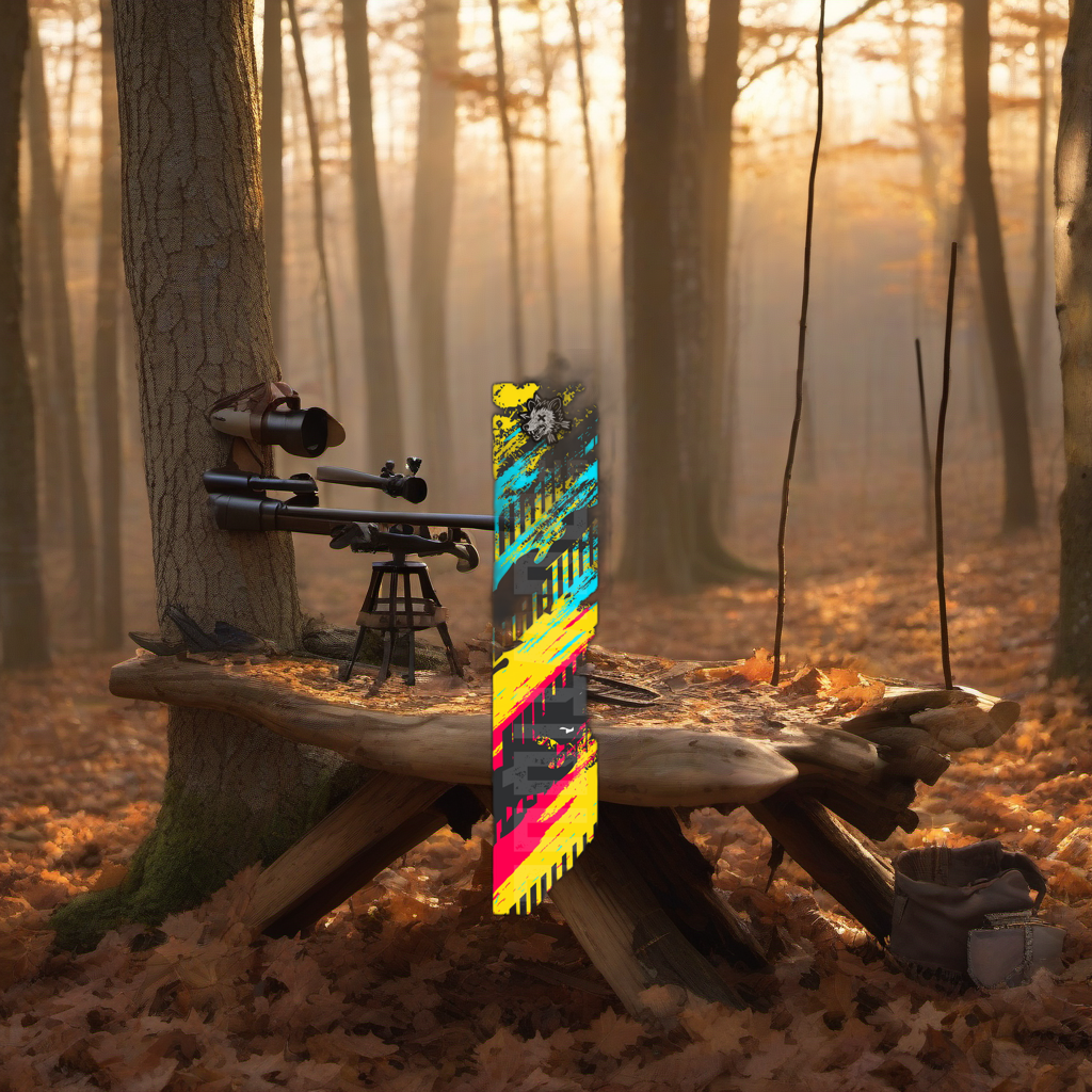 Comic Pop Arrow Wrap on a wooden treestand overlooking a misty, dawn-lit hardwood forest. | titlex-scene-whitetail-treestand