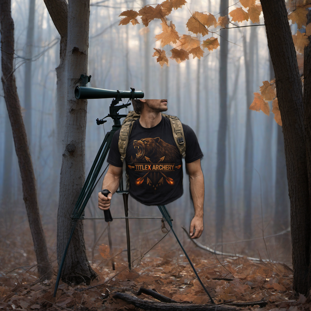 Red Grizzly Trad rifle on a worn treestand overlooking a misty, dawn-lit hardwood timber ridge. | titlex-scene-whitetail-treestand