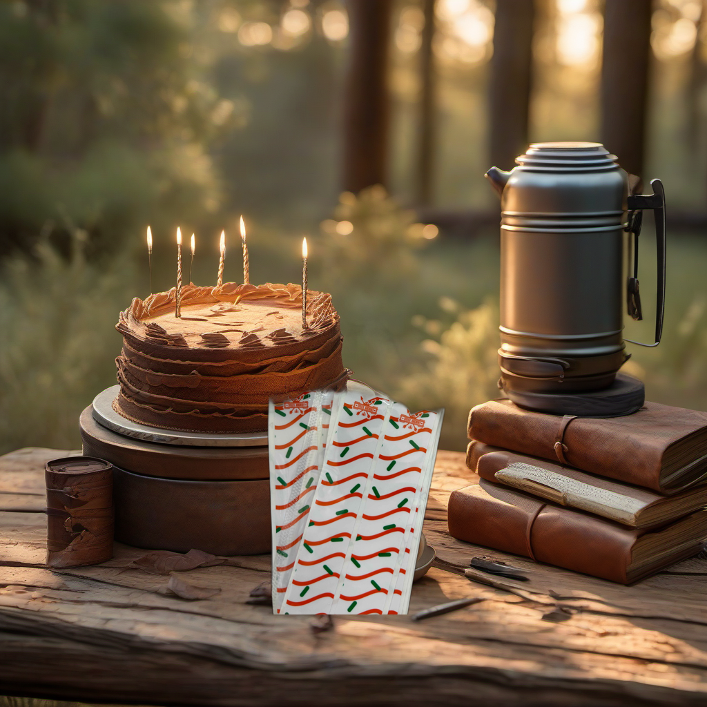 Cake tree wrap on rustic table at golden hour camp scene, perfect Father's Day gift. | titlex-scene-fathers-day