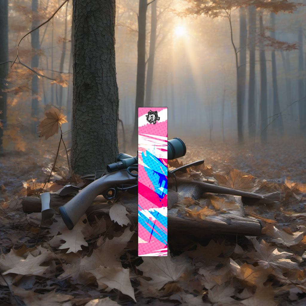 Comic Pop Arrow Wrap on a wooden treestand overlooking a misty, dawn-lit hardwood forest. | titlex-scene-whitetail-treestand