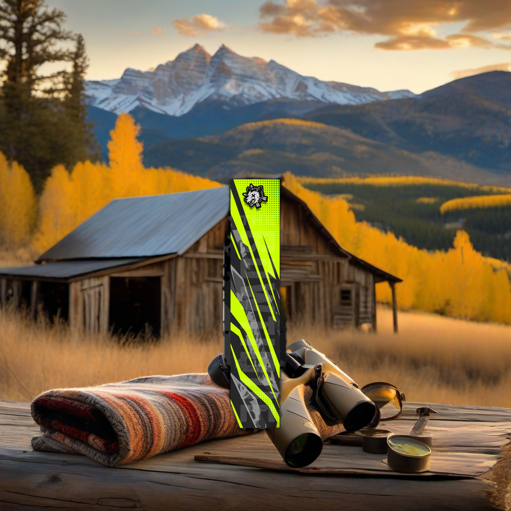 Comic Pop Arrow Wrap on weathered wood in a golden aspen, high-country sunset hunting scene. | titlex-scene-western-elk