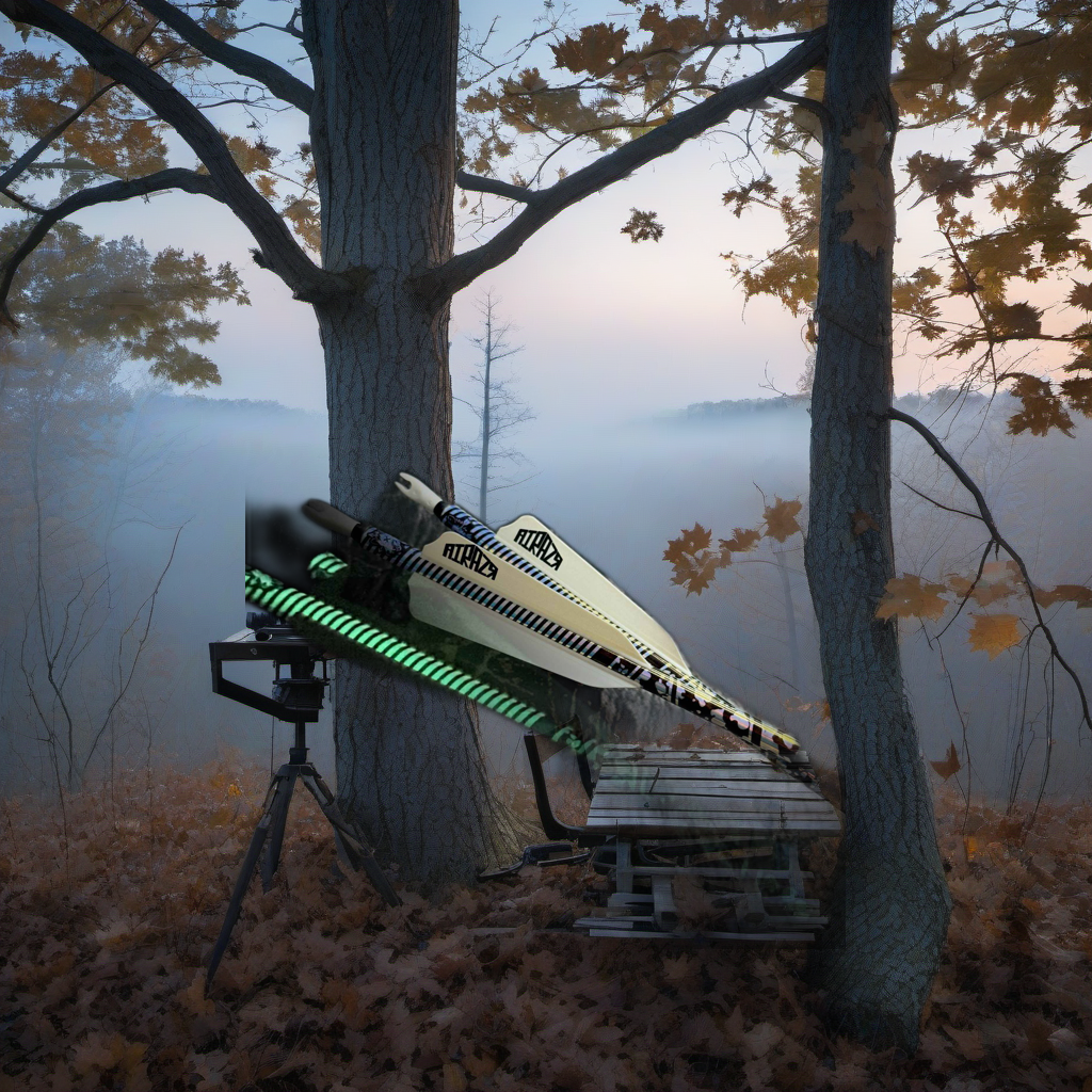 Glow-in-the-dark arrow wraps on a wooden treestand at dawn in a misty hardwood forest. | titlex-scene-whitetail-treestand