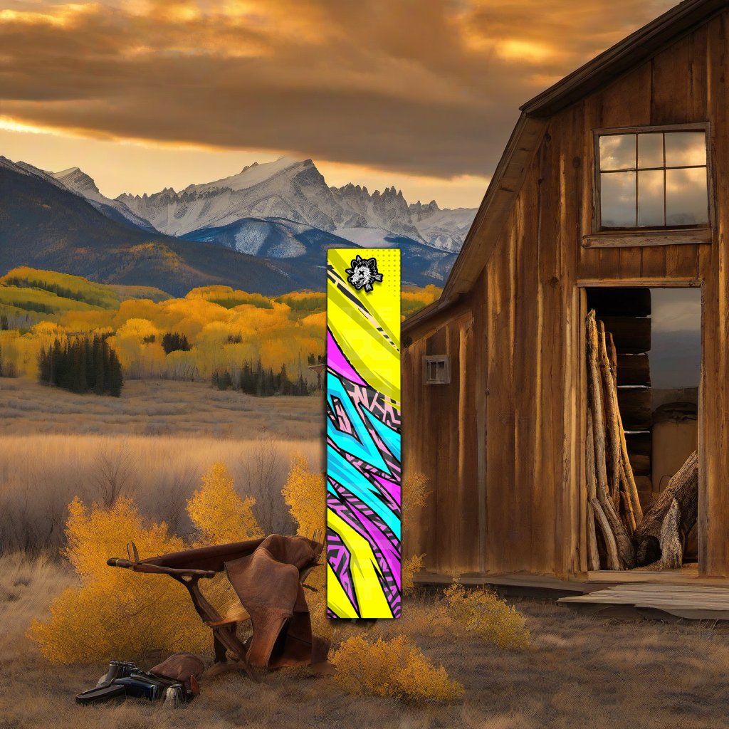Comic Pop Arrow Wrap on weathered wood in a sunset elk hunting scene with alpine backdrop. | titlex-scene-western-elk