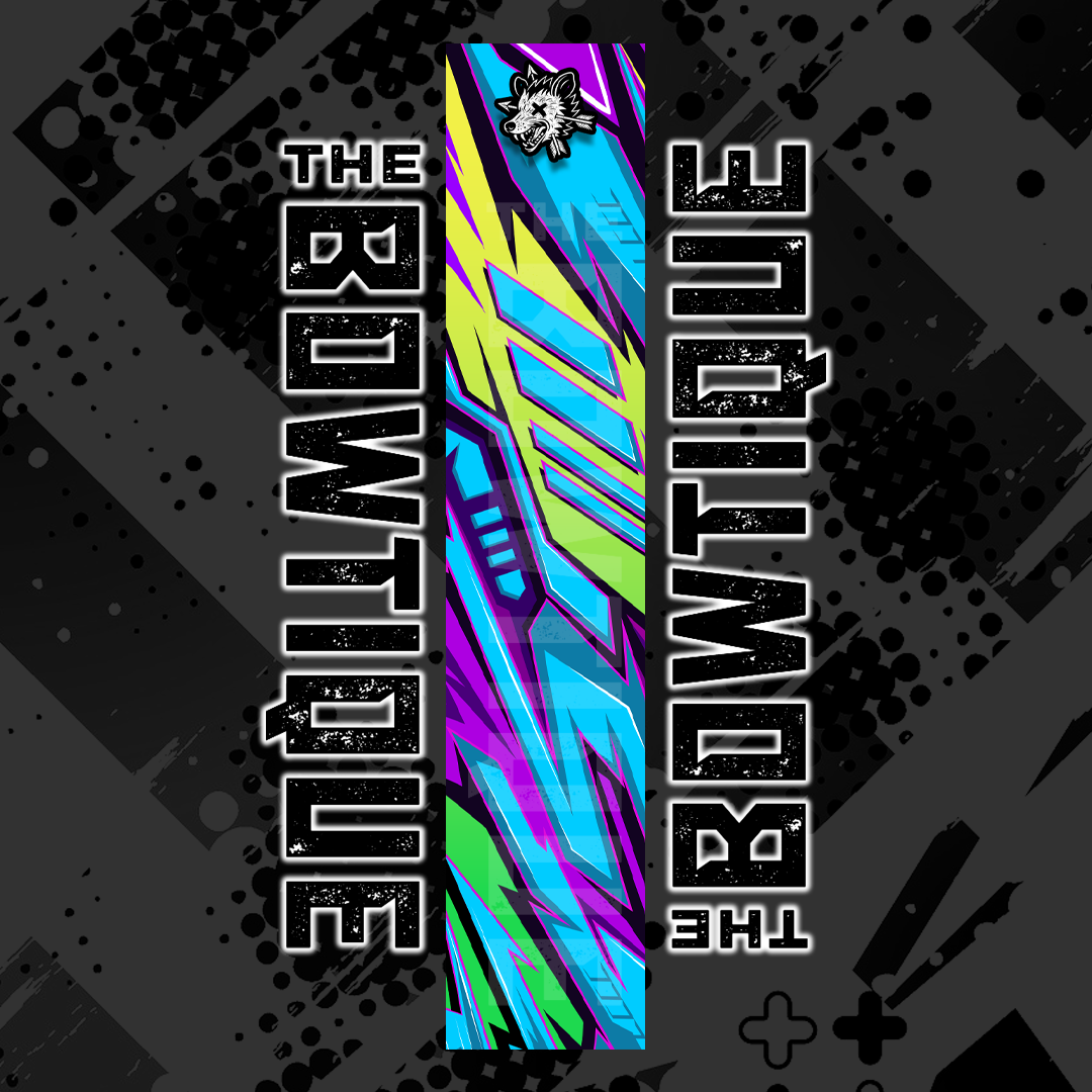 Comic pop arrow wrap design featuring bright neon blue, purple, and green streaks on a dark background.