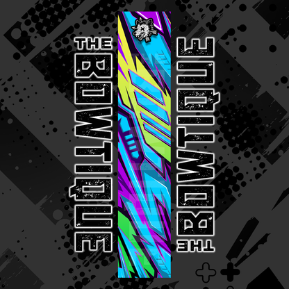 Comic pop arrow wrap design featuring bright neon blue, purple, and green streaks on a dark background.