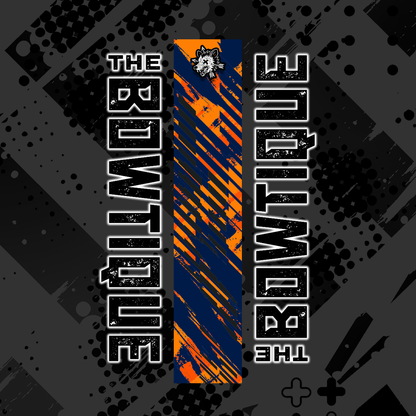 Comic pop arrow wrap design featuring "THE BOWTIE" text in white on a black and orange distressed background.