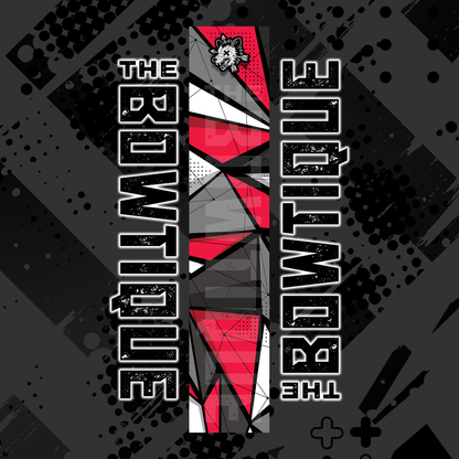Comic pop arrow wrap design featuring "THE BOWTIE BOUTIQUE" text in white and red on a black, distressed background.