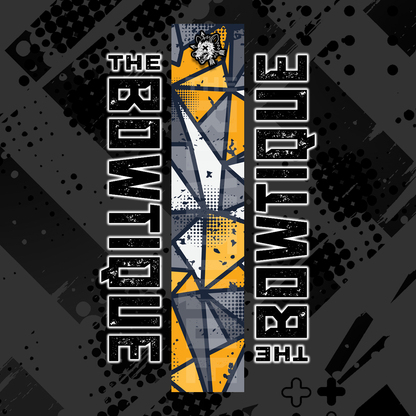 Comic pop art arrow wrap featuring "THE BOUTIQUE" in distressed white text on a black and yellow geometric background.