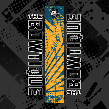 Comic pop arrow wrap featuring "THE BOWTIQUE" in distressed white text on a black and yellow graphic.