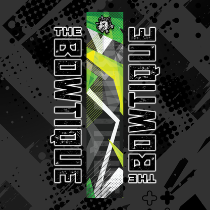 Comic pop arrow wrap design featuring "THE BOWTIE" in bold, distressed lettering on a black and green background.