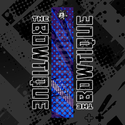 Comic pop arrow wrap featuring "THE BOWTIE BOUTIQUE" text on a dark gray background with blue and purple accents.