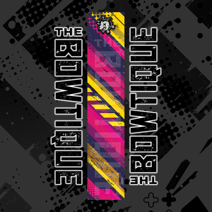 Comic pop art arrow wrap featuring "THE BOWTIE" text and bright pink, yellow, and purple diagonal stripes on a black background.
