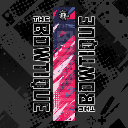 Comic pop arrow wrap design featuring "THE BOWTIE" text on a distressed black and vibrant pink background.