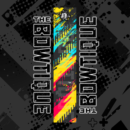 Comic pop arrow wrap featuring "THE BOWTIQUE" text on a black background with bright yellow, blue, and red diagonal stripes.