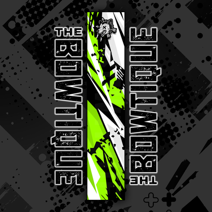 Comic pop arrow wrap design featuring "THE BOWTIQUE" text and vibrant neon green/black graphic elements.