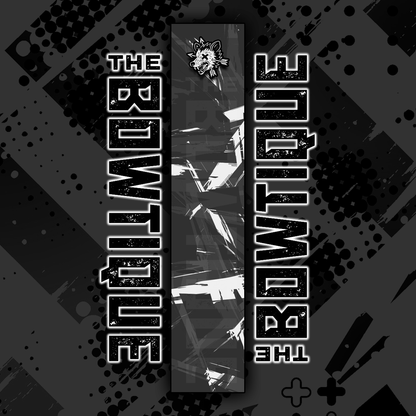 Comic pop arrow wrap featuring bold, distressed black and white text reading "THE BOWTIQUE" with a graphic arrow element.